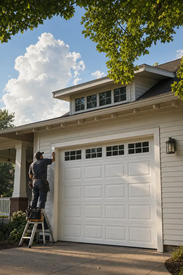 Technician checking the roller track of a craftsman bungalow garage door