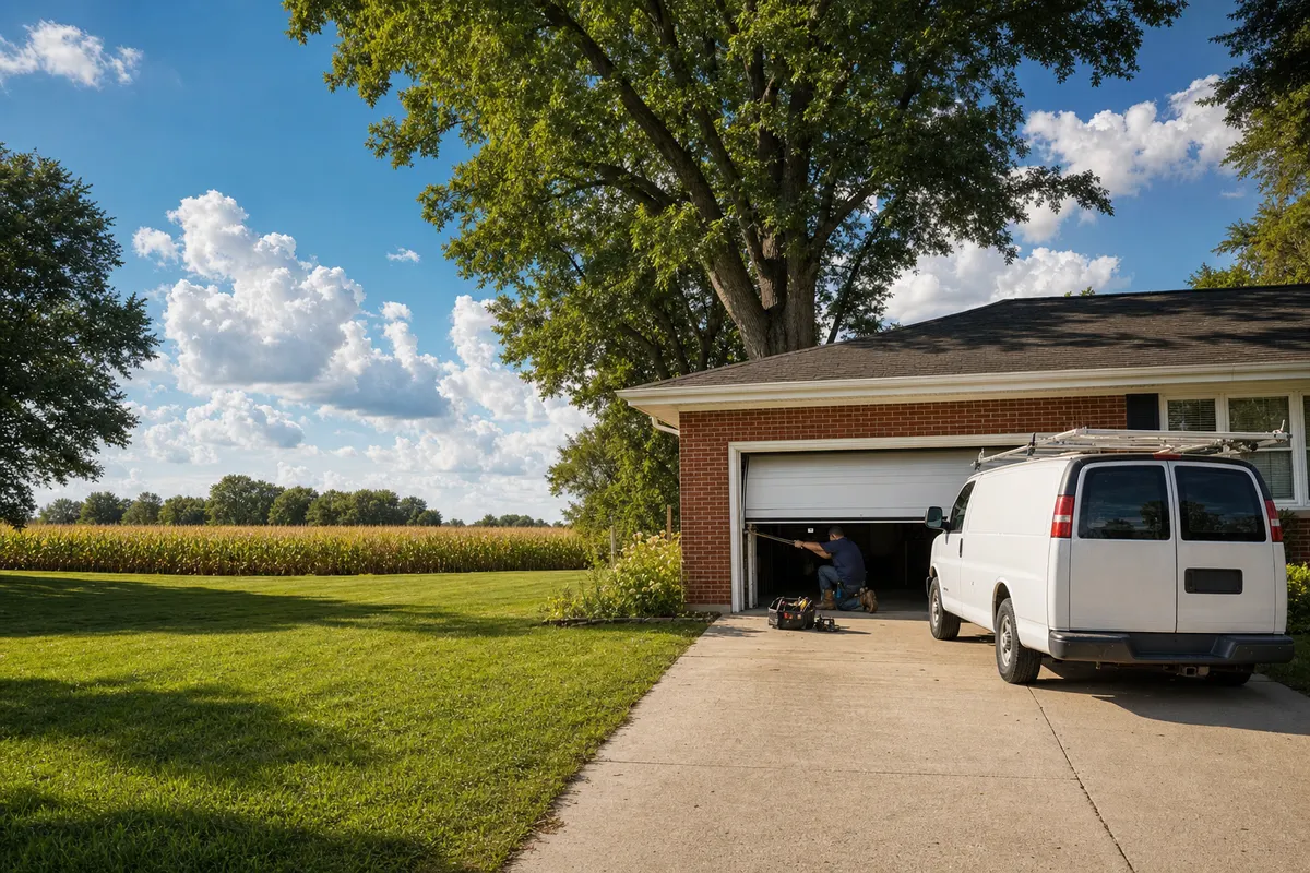 Technician adjusting a garage door track at a brick ranch home outside Greenfield, Indiana