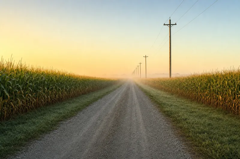 Gravel county road between late-summer cornfields at dawn in Hancock County
