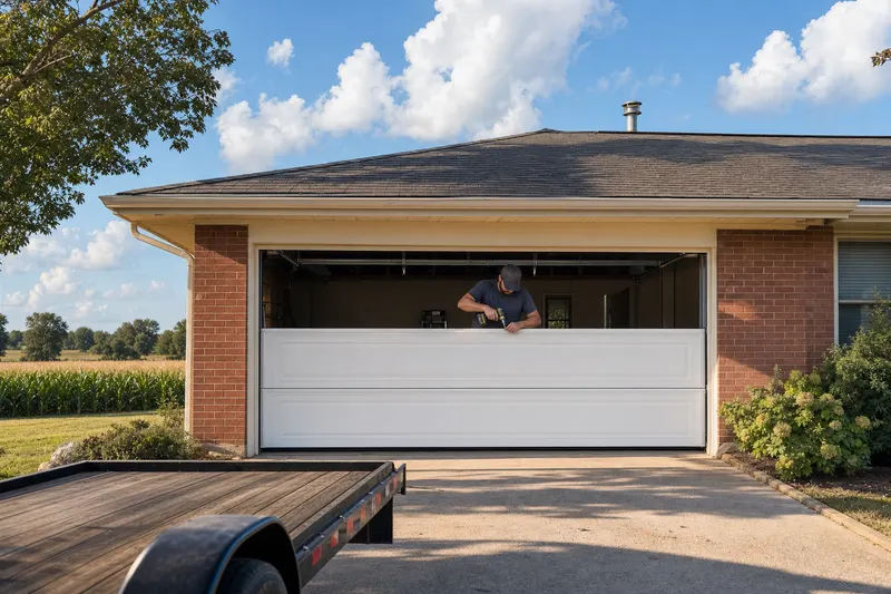 New white garage door sections seated in the tracks mid-installation at a brick ranch