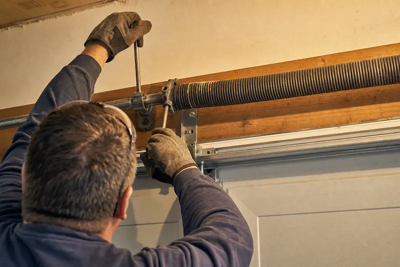 Gloved hands fitting winding bars into a torsion spring above a closed garage door